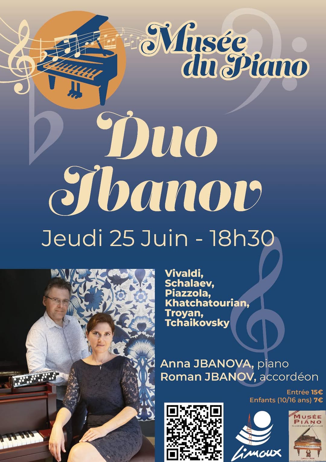 Affiche. Musée du piano. Diuo Jbanov - Anna Jbanova, piano et Roman Jbanov, accordéon  Vivaldi, Schalaev, Khatchatourian, Troyan, Tchaïkovsky. 2026-06-25